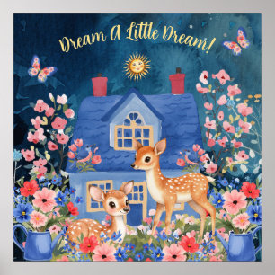 Sweet Dreams Floral Reindeer & Birds Nursery  Poster