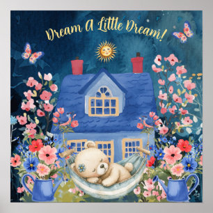 Sweet Dreams Floral Teddy Bear & Birds Nursery  Poster