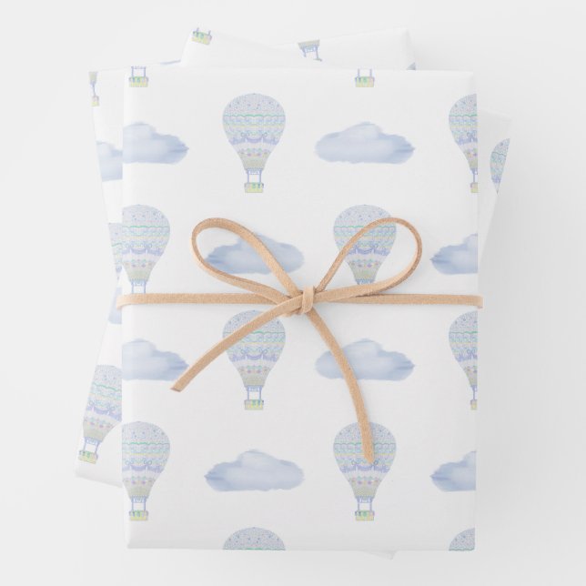 Sweet Dreams Hot Air Balloon Colourful Baby Shower Wrapping Paper Sheet (In situ)