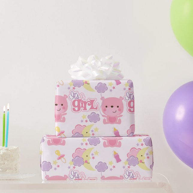 Sweet Dreams Pink It's a Girl Clouds & Moon Wrapping Paper (Party Gifts)