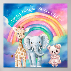 Sweet Dreams Rainbow Elephant & Giraffe Nursery  Poster