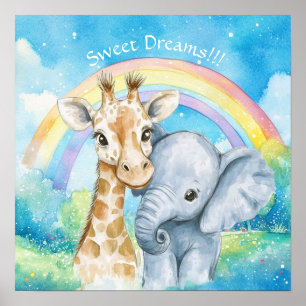 Sweet Dreams Rainbow Elephant & Giraffe Nursery Poster