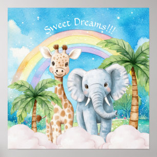 Sweet Dreams Rainbow Elephant & Giraffe Nursery Poster