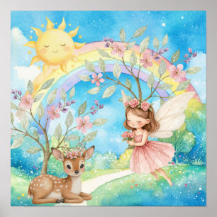 Sweet Dreams Rainbow Fairy & Deer Nursery Poster
