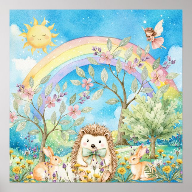 Sweet Dreams Rainbow Hedgehog & Rabbits Nursery  Poster (Front)
