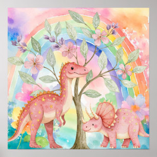 Sweet Dreams Rainbow Pink Dinosaurs Nursery  Poster