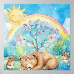 Sweet Dreams Rainbow Sleepy Bear & Mice Nursery  Poster
