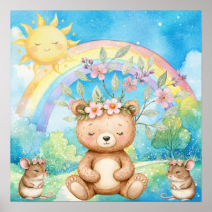 Sweet Dreams Rainbow Teddy Bear & Mice Nursery  Poster