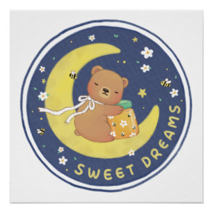 Sweet Dreams: Teddy Bear & Honey Illustration Poster
