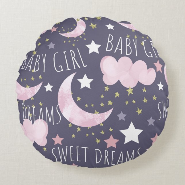 Sweet Dreams Watercolor Baby Girl Nursery Round Cushion (Front)