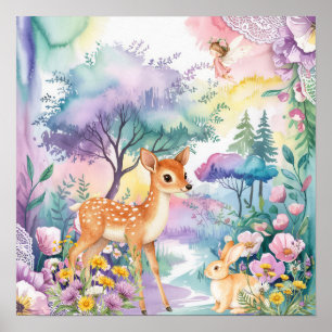 Sweet Dreams Woodland Deer & Rabbits Nursery Poster