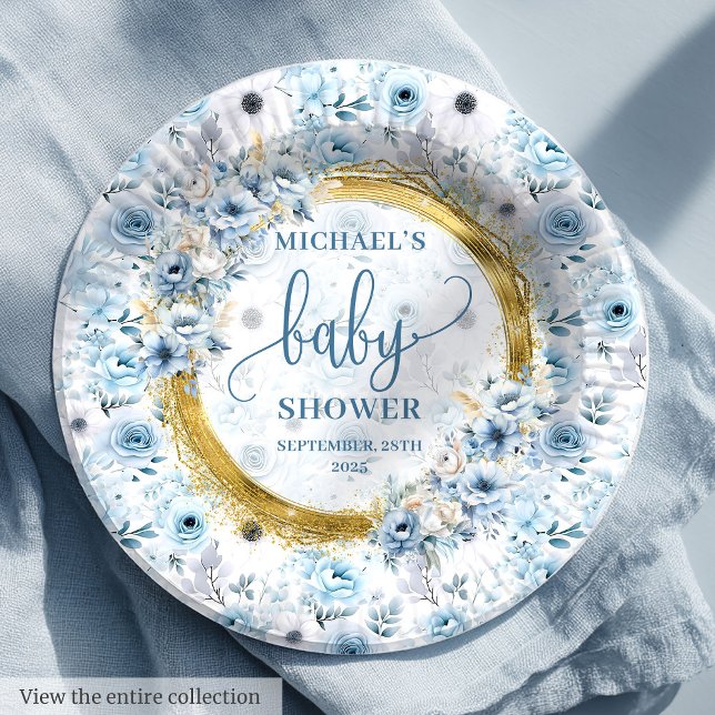 Sweet dusty blue flowers gold personalised shower  paper plate (Sweet dusty blue flowers gold personalized shower Paper Plates)