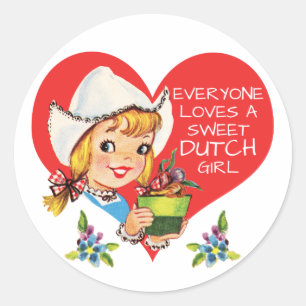 Sweet Dutch Girl Vintage Tulips Meisje & Heart Classic Round Sticker