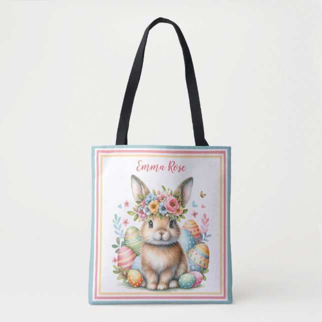 Sweet Easter Bunny with Flowers and Coloured Eggs Tote Bag (Front)