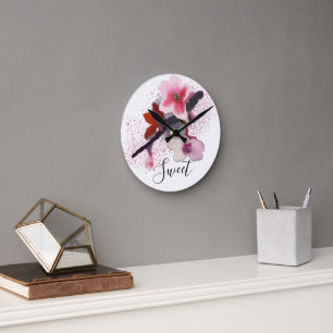 "SWEET"   Elegant Chic Pink Cherry Blossom Round Clock