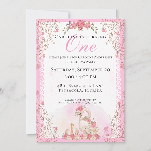 Sweet Elegant Fairytale Swans Pink Floral Birthday Invitation (Front)