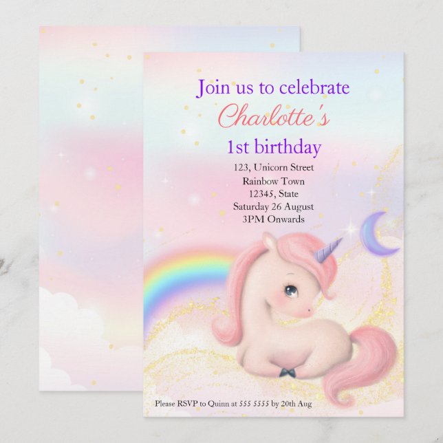Sweet Elegant Pink Watercolour Unicorn Invitation (Front/Back)