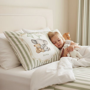 Sweet Elephant and Teddy Bear Hugging Baby Girl  Pillowcase