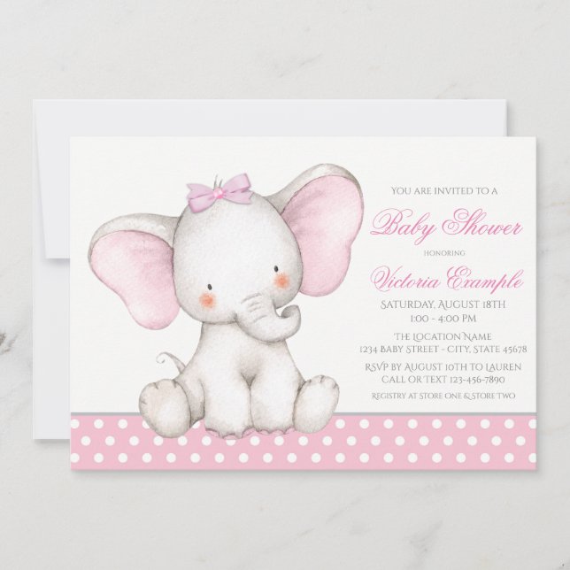 Sweet Elephant Baby Girl Shower Invitations (Front)