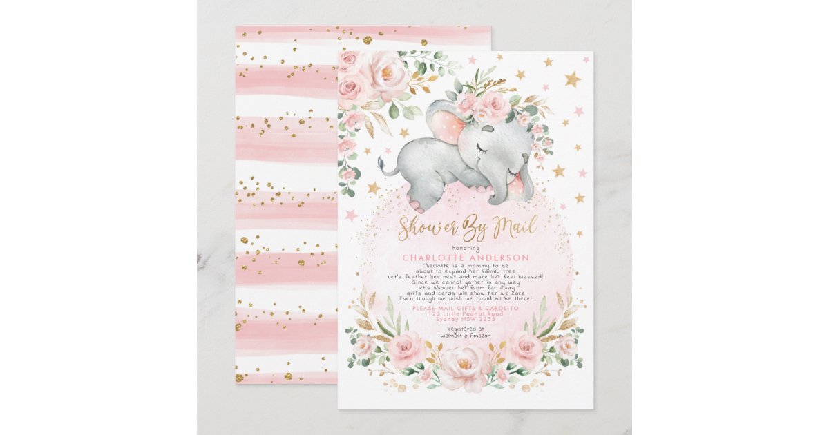 Sweet Elephant Blush Gold Baby Shower By Mail Invitation | Zazzle