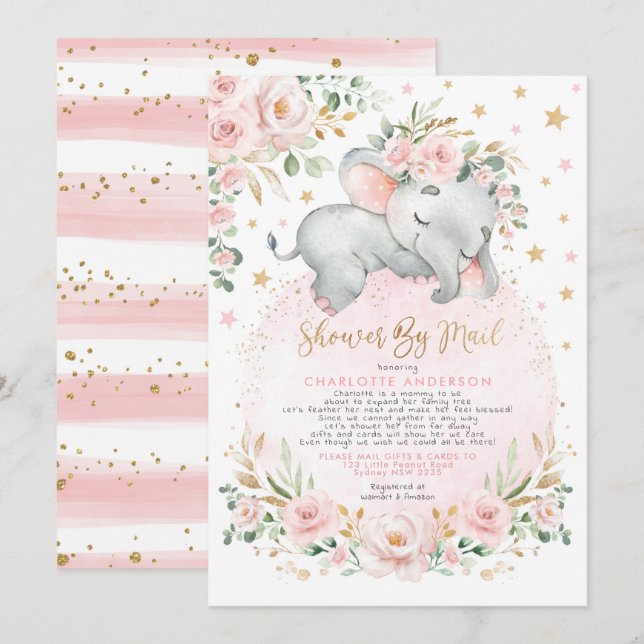Sweet Elephant Blush Gold Baby Shower By Mail Invitation (Front/Back)