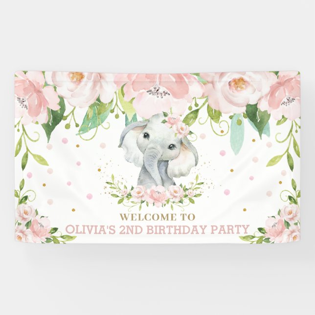 Sweet Elephant Blush Pink Floral Backdrop Welcome Banner (Horizontal)