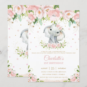 Sweet Elephant Blush Pink Floral Gold 1st Birthday Invitation