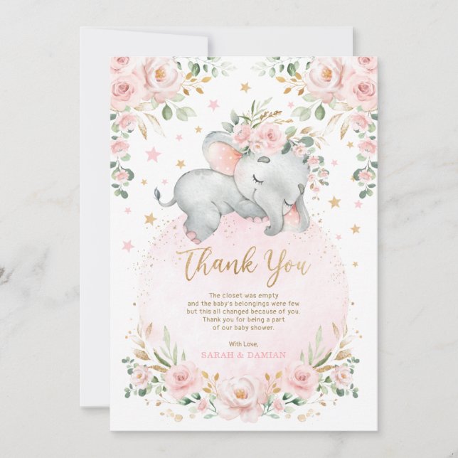 Sweet Elephant Blush Pink Moon Stars Baby Shower Thank You Card (Front)