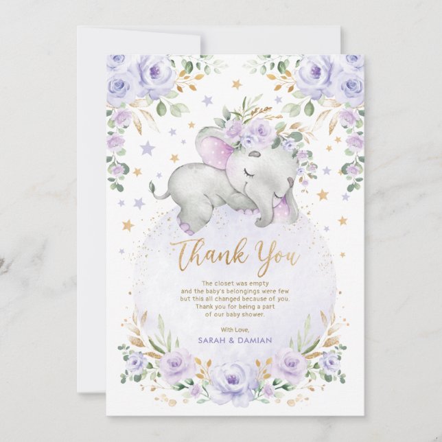 Sweet Elephant Blush Purple Moon Stars Baby Shower Thank You Card (Front)