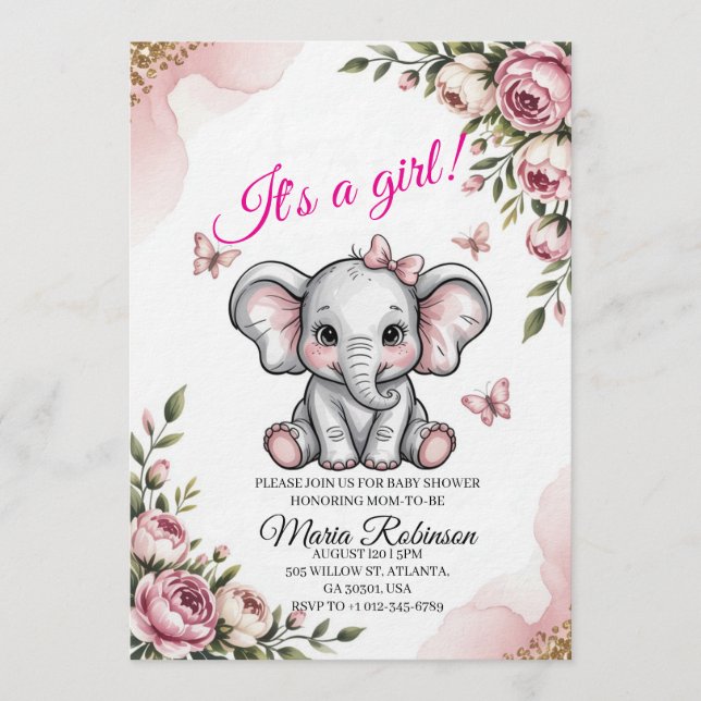 Sweet Elephant & Floral Baby Shower Invitation (Front)
