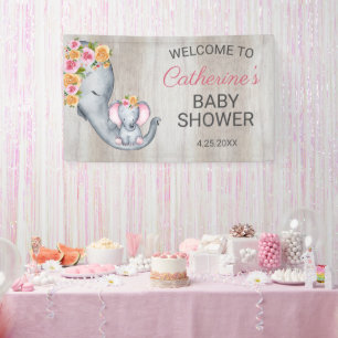 Sweet Elephant Floral Girl Baby Shower Welcome Banner