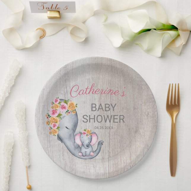 Sweet Elephant Floral Girl Rustic Baby Shower  Paper Plate (Wedding)