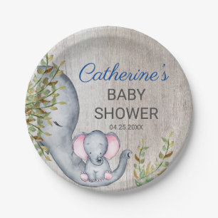Sweet Elephant Floral Rustic Baby Shower    Paper Plate