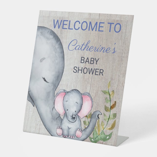 Sweet Elephant Floral Rustic Baby Shower Welcome Pedestal Sign (Front)