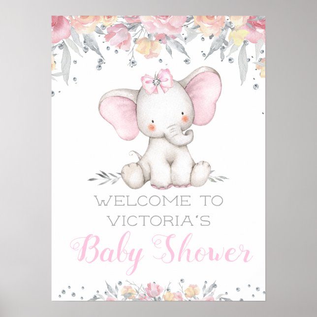Sweet Elephant Girl Baby Shower Welcome Sign (Front)
