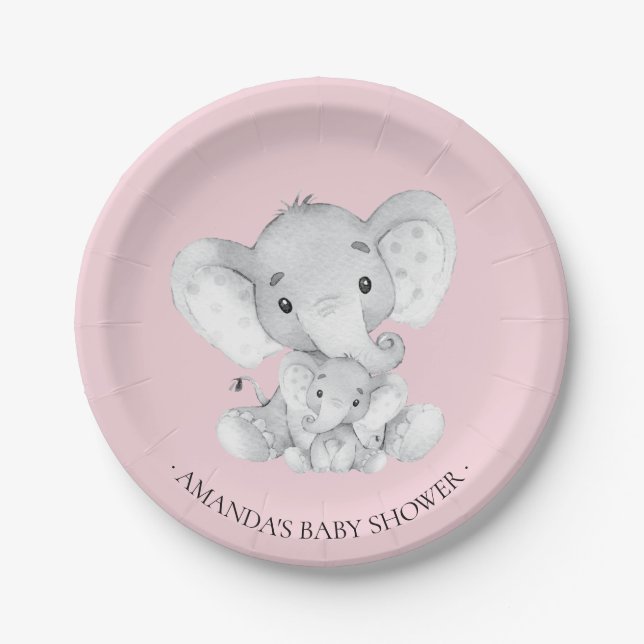 Sweet Elephant Girls Baby Shower 7" Plate (Front)