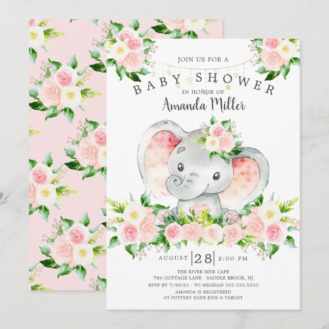 Sweet Elephant Girls Baby Shower Invitation (Front/Back)