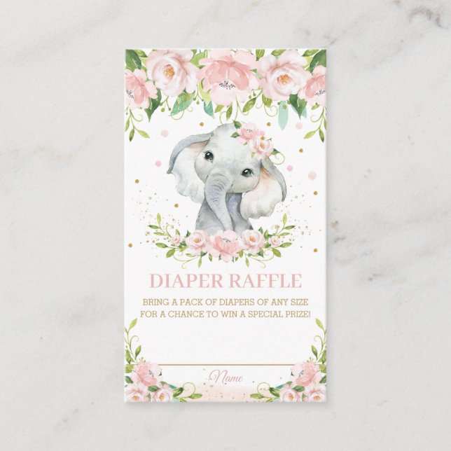 Sweet Elephant Pink Blush Floral Diaper Raffle Enclosure Card (Front)