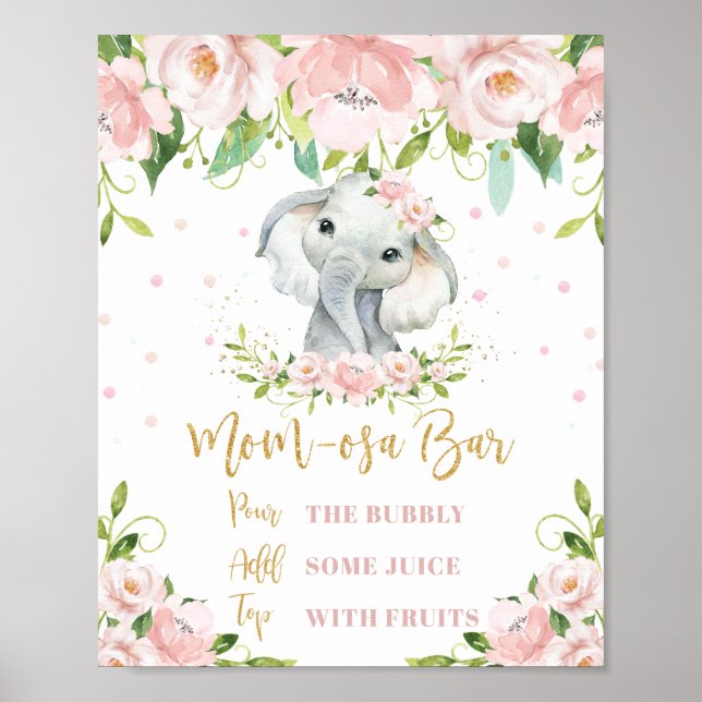 Sweet Elephant Pink Floral Gold Mom-osa Bar Mimosa Poster (Front)