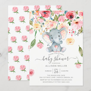 Sweet Elephant Pink Peonies Baby Shower Invitation