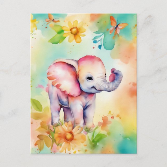 Sweet Elephant Watercolor Postcard (Front)
