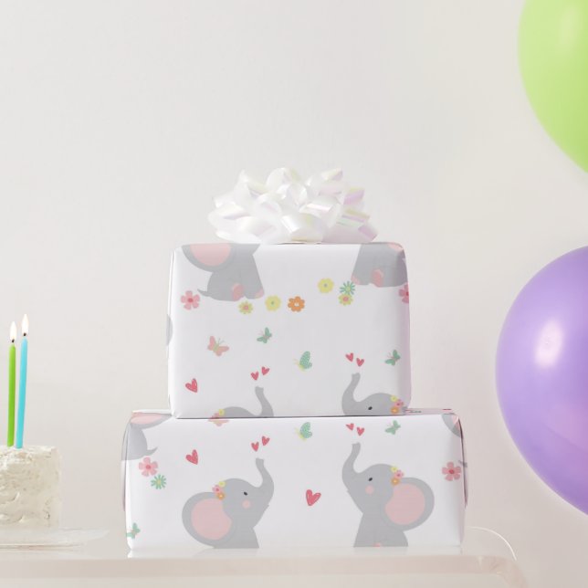 Sweet Elephants Hearts Baby Girl Wrapping Paper (Party Gifts)