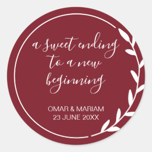 Sweet Ending New Beginning Cabernet Red Wedding Classic Round Sticker