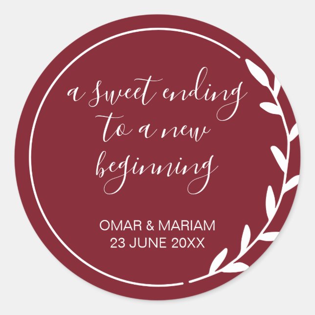 Sweet Ending New Beginning Cabernet Red Wedding Classic Round Sticker (Front)