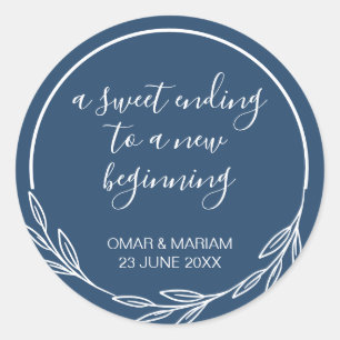 Sweet Ending New Beginning Navy Blue Wedding Favou Classic Round Sticker