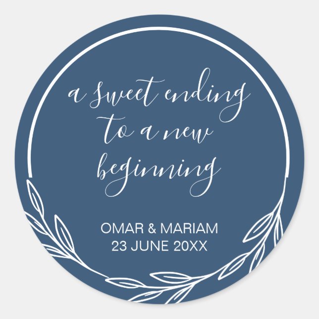 Sweet Ending New Beginning Navy Blue Wedding Favou Classic Round Sticker (Front)