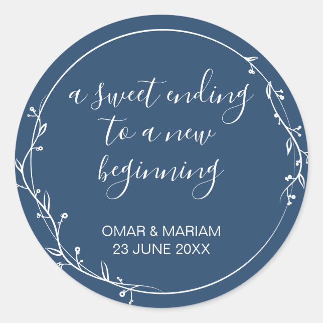 Sweet Ending New Beginning Navy Blue Wedding Favou Classic Round Sticker (Front)