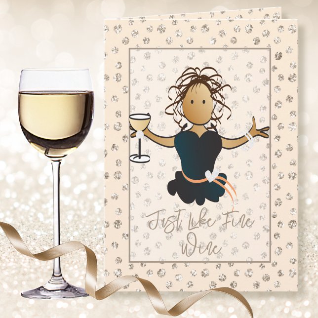 Sweet Ethnic Female Cartoon White Wine Birthday Card (Creator Uploaded)