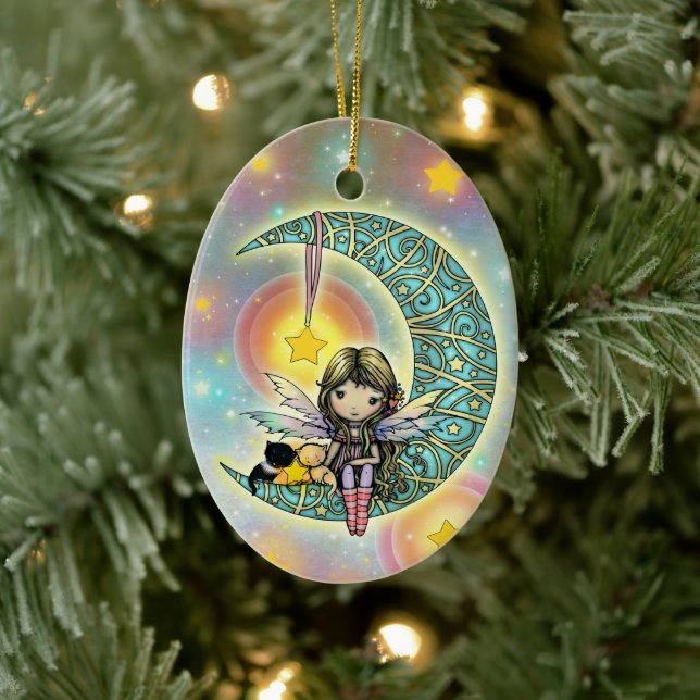 Sweet Fairy and Kitties on Moon Ceramic Tree Decoration (Tree)