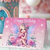 Sweet Fairy Child with Pink Roses Happy Birthday